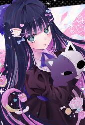 Rule 34 | 1girl, :p, absurdres, black dress, black hair, blue eyes, blue ribbon, blunt bangs, blush, bow, chibana sora, colored inner hair, dress, gothic lolita, hair bow, heart, heart-shaped pupils, highres, holding, holding stuffed toy, lolita fashion, long hair, looking at viewer, multicolored hair, panty &amp; stocking with garterbelt, pantyhose, pink hair, ribbon, solo, sparkle, stocking (psg), streaked hair, stuffed animal, stuffed cat, stuffed toy, symbol-shaped pupils, tagme, tongue, tongue out, two-tone hair