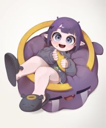 Rule 34 | absurdres, appleblossomtea, bean bag chair, blue eyes, blunt bangs, blush, broken halo, eating, food, grey hoodie, halo, highres, holding, holding food, hololive, hololive english, hood, hoodie, looking at viewer, ninomae ina&#039;nis, ninomae ina&#039;nis (loungewear), open mouth, pointy ears, sitting, slippers, smile, tagme, takodachi (ninomae ina&#039;nis), virtual youtuber, white background