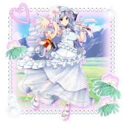Rule 34 | 1girl, absurdres, alternate costume, blue sky, breasts, bridal veil, cleaver, cloud, commentary, doll, dress, english commentary, fingernails, flower, frilled dress, frills, full body, game cg, heart, highres, large breasts, long fingernails, looking at viewer, mountain, nata (tool), outdoors, pink flower, pink nails, red eyes, rotte (1109), sakata nemuno, sakata nemuno (white classic of the mountain), second-party source, single strap, sky, solo, touhou, touhou lostword, veil, wedding dress, white dress, white footwear
