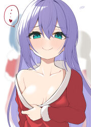 Rule 34 | ..., 1girl, binsen, blue hair, blurry, blurry background, breasts, christmas, cleavage, closed mouth, collarbone, highres, idolmaster, idolmaster million live!, long hair, long sleeves, looking at viewer, medium breasts, mochizuki anna, smile, solo focus, spoken ellipsis, upper body