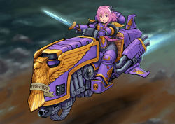 Rule 34 | 1boy, adeptus astartes, armor, astolfo (fate), braid, chaos space marine, cosplay, fate/apocrypha, fate/grand order, fate (series), gauntlets, holding, holding sword, holding weapon, kensaint, male focus, motor vehicle, motorcycle, pauldrons, pink hair, power armor, power sword, purple eyes, riding, shoulder armor, single braid, sitting, smile, solo, space marine, sword, warhammer 40k, weapon