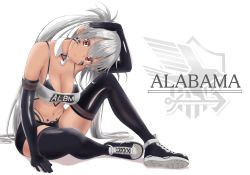Rule 34 | 1girl, alabama (azur lane), azur lane, bandeau, bikini, bikini top only, bikini under clothes, black bikini, black footwear, black gloves, black shorts, black thighhighs, bodypaint, breasts, character name, closed mouth, dark-skinned female, dark skin, detached collar, elbow gloves, facepaint, full body, gloves, highres, large breasts, long hair, looking at viewer, native american, navel, porontyo 07, red eyes, shoes, short shorts, shorts, silver hair, sitting, sneakers, solo, strapless, swimsuit, thighhighs, tube top, twintails