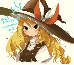 Rule 34 | 1girl, apron, blonde hair, bow, braid, broom, hair bow, hat, hat bow, highres, kirisame marisa, side braid, tami (joemanyodw), touhou, upper body, waist apron, white bow, witch hat, yellow eyes