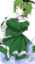 Rule 34 | 1girl, bad id, bad pixiv id, blush, breast lift, breasts, dress, female focus, ghost, ghost tail, green eyes, green hair, hat, highres, juliet sleeves, large breasts, long sleeves, looking at viewer, matching hair/eyes, one eye closed, puffy sleeves, short hair, soga no tojiko, solo, sui (aruko91), tate eboshi, thinking, touhou