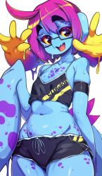 Rule 34 | 1girl, absurdres, ahoge, black shorts, blue skin, colored sclera, colored skin, cteno (slugbox), flat chest, glasses, head arms, highres, looking at viewer, midriff, monster girl, navel, open mouth, original, pink hair, red eyes, short hair, short shorts, shorts, simple background, slugbox, smile, solo, thick eyebrows, thighs, white background, yellow sclera