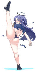 Rule 34 | 1girl, absurdres, ass, ball, bare legs, baseball, baseball glove, black footwear, blue archive, blue buruma, blush, buruma, commentary request, curvy, flexible, from behind, full body, gym shirt, gym uniform, halo, highres, kneepits, korean commentary, leg up, long hair, looking at viewer, looking back, official alternate costume, open mouth, pangtanto, pitching, purple eyes, purple hair, shirt, simple background, solo, split, standing, standing on one leg, standing split, star sticker, sticker on face, sweat, thick thighs, thighs, thong, torn clothes, torn shirt, very long hair, white background, yuuka (blue archive), yuuka (track) (blue archive)