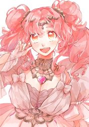 Rule 34 | 1girl, alternate costume, bow, breasts, brown eyes, cleavage, collarbone, dress, eda (jfmeda89), forehead jewel, gift art, gold headband, head tilt, highres, large breasts, macross, macross delta, makina nakajima, medium hair, open mouth, pink bow, pink dress, second-party source, smile, solo, twintails, upper body, white background
