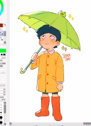 Rule 34 | 1boy, art program in frame, artist name, black eyes, black hair, blunt bangs, blush, boots, closed mouth, commentary, english commentary, full body, holding, holding umbrella, kageyama shigeo, long sleeves, male focus, mob psycho 100, painttool sai, painttool sai (medium), raincoat, red footwear, rubber boots, short hair, shorts, simple background, smile, solo, sparkle, spidertams, standing, umbrella, white background, yellow raincoat