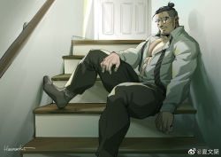 Rule 34 | 1boy, bara, black pants, collared shirt, facial hair, full body, glasses, goatee, large pectorals, long sideburns, looking at viewer, male focus, mature male, muscular, muscular male, mustache, necktie, on stairs, original, pants, partially unbuttoned, pectoral cleavage, pectorals, round eyewear, salaryman, shirt, short hair, sideburns, sitting, socks, solo, stairs, striped necktie, stubble, thick thighs, thighs, undercut, undone necktie, xiawenjie