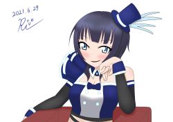 Rule 34 | 1girl, absurdres, artist name, artist request, asaka karin, bare shoulders, black gloves, black sleeves, blue bow, blue camisole, blue detached collar, blue eyes, blue hair, blue hat, blue shirt, blue tank top, blue wrist cuffs, blush, bow, bowtie, breasts, bridal gauntlets, buttons, camisole, chair, cleavage, collarbone, crop top, dark blue hair, detached collar, detached sleeves, earrings, elbow sleeve, feathers, female focus, fingerless gloves, gloves, hat, hat feather, highres, jewelry, looking at viewer, love live!, love live! nijigasaki high school idol club, love live! school idol festival, medium breasts, medium hair, midriff, mini hat, mini top hat, on chair, parted lips, shirt, short hair, single bare shoulder, single sleeve, sitting, sleeveless, small breasts, smile, solo, star (symbol), star earrings, tank top, top hat, upper body, v-shaped eyebrows, vivid world (love live!), white background, white feathers, wing collar, wrist cuffs