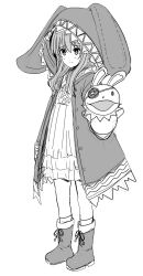 Rule 34 | 1girl, animal hood, closed mouth, copyright request, dress, eyepatch, full body, greyscale, h2o (ddks2923), highres, hood, hood up, jacket, kneehighs, layered dress, long hair, looking at viewer, monochrome, open clothes, open jacket, rabbit hood, shoes, simple background, smile, socks, solo, standing, stuffed animal, stuffed rabbit, stuffed toy