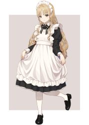 Rule 34 | 1girl, absurdres, alternate costume, apron, blonde hair, curtsey, dress, enmaided, highres, irise, long hair, long sleeves, looking at viewer, maid, maid apron, maid headdress, mary janes, nijisanji, pinafore dress, shoes, simple background, sister claire, sleeveless dress, smile, solo, standing, standing on one leg, virtual youtuber, white legwear, yellow eyes