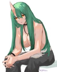 Rule 34 | 1girl, arknights, artist name, black pants, breasts, feet out of frame, glint, green hair, horns, hoshiguma (arknights), jewelry, kgymofu, large breasts, long hair, necklace, orange eyes, own hands together, pants, simple background, single horn, sitting, skin-covered horns, solo, topless, very long hair, white background