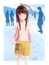 Rule 34 | 1girl, :&lt;, ahoge, animal print, beach, bear print, breasts, brown hair, canoka, cloud, collarbone, commentary, crossdressing, exhibitionism, feet out of frame, footprints, furrowed brow, highres, huge ahoge, jacket, kantai collection, kuma (kancolle), light blush, long hair, male swimwear, male swimwear challenge, monochrome background, nipples, ocean, off shoulder, outside border, pink jacket, print male swimwear, print swim trunks, print swimsuit, public indecency, red eyes, shorts, silhouette, sky, small breasts, solo focus, swim trunks, swim trunks writing, swimsuit, swimsuit writing, topless, translated, walking, yellow male swimwear, yellow shorts, yellow swim trunks