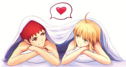 Rule 34 | 1boy, 1girl, artoria pendragon (fate), bad id, bad pixiv id, blonde hair, blush, emiya shirou, fate/stay night, fate (series), fateline alpha, green eyes, hair down, heart, looking at another, pillow, red eyes, red hair, saber (fate), short hair, sidelocks, spoken heart, under covers