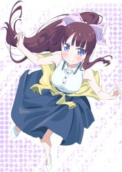 Rule 34 | 1girl, blue eyes, blue skirt, blunt bangs, blush, bow, brown hair, clothes around waist, floating hair, full body, hair bow, high heels, highres, long hair, looking at viewer, makicha (sasurainopink), new game!, outstretched arms, pink bow, pumps, shirt, skirt, sleeveless, sleeveless shirt, smile, solo, takimoto hifumi, very long hair, white footwear, white shirt
