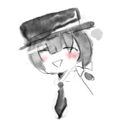 Rule 34 | 1girl, bad id, bad pixiv id, black hair, black necktie, blush, bow, closed eyes, doodle, faux traditional media, hat, hat bow, lowres, necktie, open mouth, side ponytail, simple background, smile, solo, timesoe, touhou, usami renko, white background, white bow