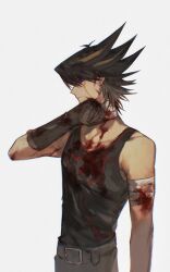 Rule 34 | 1boy, absurdres, arm up, bandaged arm, bandaged neck, bandages, belt, black hair, black tank top, blood, blood on chest, blood on clothes, blood on face, bloody bandages, blue eyes, brown gloves, elbow gloves, expressionless, facial mark, facial tattoo, fudo yusei, gloves, grey background, highres, male focus, multicolored hair, naoki (2rzmcaizerails6), no jacket, pants, short hair, simple background, solo, spiked hair, standing, streaked hair, tank top, tattoo, upper body, wiping face, yu-gi-oh!, yu-gi-oh! 5d&#039;s