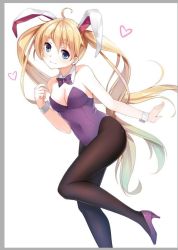 Rule 34 | 1girl, ahoge, animal ears, blonde hair, blue eyes, breasts, caidychen, cleavage, cuffs, detached collar, fake animal ears, gradient hair, heart, high heels, leg up, leotard, long hair, looking at viewer, multicolored hair, neck ribbon, original, pantyhose, playboy bunny, rabbit ears, ribbon, simple background, smile, solo, standing, standing on one leg, twintails, white background