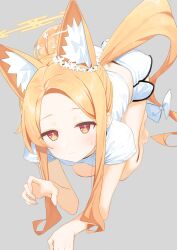 Rule 34 | 1girl, all fours, animal ear fluff, animal ears, blue archive, bow, claw pose, closed mouth, corrupted twitter file, cropped shirt, fox ears, grey background, hair bun, halo, highres, light blush, long hair, looking at viewer, parted bangs, seia (blue archive), shirt, short sleeves, sidelocks, skirt, solo, sweat, syhan, tail, tail bow, tail ornament, white shirt, white skirt, yellow eyes