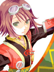 Rule 34 | 00s, 1girl, bob cut, book, brown hair, goggles, goggles on head, green eyes, looking at viewer, miho (mi), rita mordio, short hair, simple background, solo, tales of (series), tales of vesperia, white background