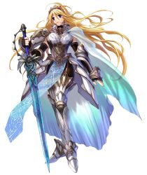 Rule 34 | 1girl, armor, blonde hair, blue eyes, breasts, cape, christianna, crown, gauntlets, greaves, hat, highres, long hair, schmid diva, solo, sword, thighhighs, weapon