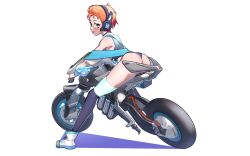 Rule 34 | 1girl, ankle boots, ass, battery, black thighhighs, boots, commentary, commission, english commentary, full body, headset, highleg, highleg leotard, highres, indie virtual youtuber, kabooks, leotard, motor vehicle, motorcycle, on motorcycle, orange hair, patatatan, plus sign, print leotard, science fiction, second-party source, see-through, see-through sleeves, short hair, solo, strap, thighhighs, thighhighs under thighhighs, thong leotard, tongue, tongue out, virtual youtuber, white background, white footwear, white thighhighs, wireless