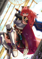 Rule 34 | 1girl, absurdres, alternate color, animal ears, armor, armored boots, black skirt, black thighhighs, blue eyes, boobplate, boots, breastplate, cape, cat, cat ears, commentary request, full body, gauntlets, highres, holding, holding sword, holding weapon, jumping, long hair, looking at viewer, lord knight (ragnarok online), miniskirt, nekogenetic, pauldrons, ragnarok online, red cape, red hair, shoulder armor, skirt, solo, sword, thighhighs, twitter username, weapon