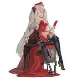 Rule 34 | 1girl, a-545 (bloom of the drunken tea) (girls&#039; frontline), a-545 (girls&#039; frontline), aek-971, alcohol, aqua eyes, assault rifle, bare shoulders, black footwear, black thighhighs, blonde hair, blush, boots, bottle, bow, braid, breasts, china dress, chinese clothes, chinese text, chinese zodiac, cleavage, closed mouth, collarbone, dress, french braid, full body, fur, girls&#039; frontline, gun, hair bow, hair ornament, hairclip, high heel boots, high heels, holding, holding bottle, holding letter, knee boots, letter, long hair, looking at viewer, medium breasts, messikid, official alternate costume, official art, red dress, rifle, sitting, smile, solo, thighhighs, thighs, transparent background, twintails, very long hair, vodka, weapon, year of the tiger