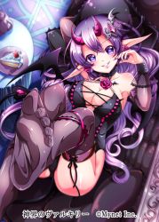 Rule 34 | 1girl, black thighhighs, breasts, cake, cleavage, clip studio paint (medium), copyright name, demon girl, demon tail, demon wings, flower, food, fork, hair ornament, heart, heart-shaped pupils, horns, large breasts, long hair, looking at viewer, nail polish, official art, pink flower, pink rose, pointy ears, purple eyes, purple hair, rose, shinkai no valkyrie, smile, solo, symbol-shaped pupils, tail, teltelhousi, thighhighs, very long hair, wings
