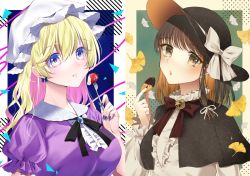 Rule 34 | 2girls, blonde hair, bow, brown eyes, brown hair, bug, butterfly, dress, earrings, food, hat, hat bow, highres, holding, insect, jewelry, kaede (mmkeyy), long hair, long sleeves, maribel hearn, mob cap, multiple girls, nail polish, neck ribbon, parted lips, puffy sleeves, purple dress, purple nails, ribbon, touhou, upper body, usami renko, white bow, white headwear