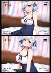 Rule 34 | 1girl, arm support, bad id, bad pixiv id, bare shoulders, bed, blush, breasts, collarbone, curtains, dress, girls&#039; frontline, highres, indoors, large breasts, looking at viewer, mapar, multiple views, on bed, open mouth, parted lips, recording, red eyes, ribbon-trimmed clothes, ribbon trim, short hair, silver hair, sitting, smile, spas-12 (girls&#039; frontline), swept bangs