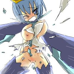 Rule 34 | 1girl, blue eyes, blue hair, blush, breasts, creatures (company), crown, empoleon, game freak, gen 4 pokemon, lowres, nintendo, personification, pokemon, pussy, thighhighs, torn clothes, uncensored