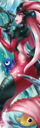 Rule 34 | 1girl, :d, absurdres, animal, ass, blue eyes, breasts, colored skin, fish, from behind, highres, holding, holding staff, koi nami, league of legends, long hair, looking at viewer, medium breasts, mermaid, monster girl, nam (valckiry), nami (league of legends), official alternate costume, open mouth, red hair, red skin, smile, staff, water
