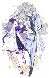 Rule 34 | 1boy, 1girl, :d, arm up, black footwear, blue eyes, blue footwear, blue hair, blue jacket, blue pants, blue sleeves, closed mouth, detached collar, detached sleeves, dress, gloves, gradient hair, head tilt, high heels, holding hands, honkai: star rail, honkai (series), jacket, leaning to the side, long hair, looking at viewer, multicolored hair, open mouth, pants, purple hair, robin (honkai: star rail), shoes, short hair, short sleeves, side-by-side, simple background, smile, strapless, strapless dress, sudachips, sunday (honkai: star rail), white background, white dress, white gloves