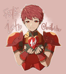 Rule 34 | 1boy, armor, artist name, brown background, copyright name, fingerless gloves, fire emblem, fire emblem echoes: shadows of valentia, gloves, heart, highres, lavillardia, lukas (fire emblem), male focus, nintendo, red eyes, red hair, simple background, solo