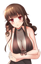 Rule 34 | 1girl, bad id, bad pixiv id, black dress, black ribbon, blush, breasts, brown hair, choker, cleavage, collarbone, crossed arms, dress, dsr-50 (girls&#039; frontline), dsr-50 (highest bid) (girls&#039; frontline), earrings, frontera, girls&#039; frontline, halterneck, highres, jewelry, large breasts, long hair, looking at viewer, official alternate costume, parted lips, red eyes, ribbon, sideboob, simple background, sleeveless, sleeveless dress, solo, upper body, white background