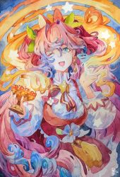 Rule 34 | 1girl, blue eyes, borrowed character, breasts, chalice, collared shirt, colored tips, cup, floating hair, hair ornament, highres, holding, holding cup, leaf hair ornament, long hair, medium breasts, multicolored hair, one eye closed, open hand, original, painting (medium), philiera, pink hair, red skirt, russian commentary, shirt, skirt, smile, solo, traditional media, very long hair, watercolor (medium), white shirt