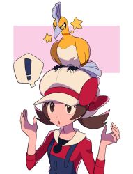 Rule 34 | !, 1girl, :o, alternate color, blue overalls, bow, brown eyes, brown hair, cabbie hat, creatures (company), game freak, gen 2 pokemon, hands up, hat, hat bow, highres, ho-oh, legendary pokemon, long hair, lyra (pokemon), nintendo, on head, overalls, pokemon, pokemon (creature), pokemon hgss, pokemon on head, red bow, red shirt, shiny pokemon, shirt, spoken exclamation mark, star (symbol), sweatdrop, twintails, tyako 089, w arms, white headwear