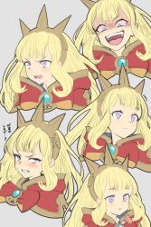 Rule 34 | 10s, 1girl, :d, angry, blonde hair, blush, cagliostro (granblue fantasy), clenched teeth, crown, eating, embarrassed, evil smile, expressions, food, granblue fantasy, long hair, open mouth, purple eyes, sausage, smile, solo, teeth, translation request, yapo (croquis side)