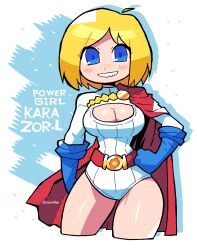 Rule 34 | 1girl, absurdres, ahoge, animification, belt, blonde hair, blue belt, blue eyes, blue gloves, border, breasts, cleavage cutout, closed mouth, clothing cutout, contrapposto, cowboy shot, dc comics, facing viewer, floating cape, floating hair, gloves, groin, hands on own hips, highleg, highleg leotard, highres, large breasts, legs together, leotard, light smile, long sleeves, looking to the side, outside border, power girl, rariatto (ganguri), short hair, side cape, smile, solo, split mouth, standing, star (symbol), superhero costume, superman (series), white border, white leotard, zipper, zipper pull tab