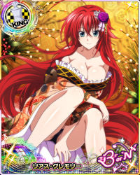 Rule 34 | 10s, 1girl, ahoge, black pants, blue eyes, breasts, card (medium), character name, chess piece, cleavage, downblouse, female focus, high school dxd, high school dxd born, japanese clothes, kimono, king (chess), large breasts, long hair, official art, pants, red hair, rias gremory, solo, trading card, very long hair