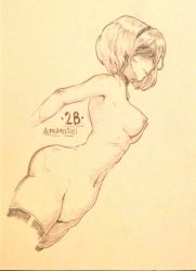 Rule 34 | 1girl, alpacameltoe, black hairband, blindfold, boots, breasts, choker, covered eyes, cropped, hairband, md5 mismatch, monochrome, navel, nier (series), nier:automata, nipples, nude, solo, thigh boots, thighhighs, 2b (nier:automata)