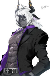 Rule 34 | 1boy, ai manato, alchemy stars, bara, bare pectorals, black suit, blue eyes, cowboy shot, fang, fang out, formal, from side, furry, furry male, hands in pockets, istvan (alchemy stars), long hair, looking at viewer, male focus, medium hair, official alternate costume, pectorals, seductive smile, shirt, smile, solo, suit, white hair
