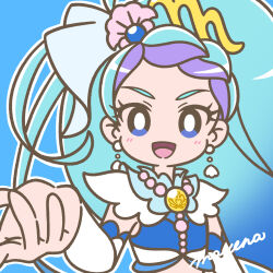 Rule 34 | 1girl, blue background, blue eyes, blue hair, blush, bright pupils, brooch, cure mermaid, detached sleeves, earrings, eyelashes, go! princess precure, gradient hair, highres, jewelry, kaidou minami, long hair, looking at viewer, magical girl, mayena, midriff, multicolored hair, open mouth, outline, outstretched hand, precure, purple hair, shell, shell earrings, simple background, smile, solo, streaked hair, two-tone hair, upper body, very long hair, white outline, white pupils