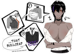 Rule 34 | +++, 1girl, alex (cero rains), arms under breasts, bandages, black hair, blue hair, breasts, cero rains, chest sarashi, choker, cleavage, collar, collared shirt, commentary, compression shirt, dark-skinned female, dark skin, earrings, english commentary, english text, formal, highres, huge breasts, jacket, jewelry, medium hair, mole, mole on armpit, multicolored hair, necktie, off shoulder, orange eyes, original, partially unbuttoned, sarashi, shirt, smile, sparkle, spiked choker, spikes, streaked hair, suit, suit jacket, two-tone hair, upper body