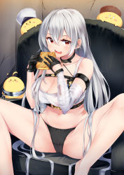 Rule 34 | 1girl, armchair, azur lane, bandaged arm, bandages, bare legs, bare shoulders, barefoot, bird, black choker, black gloves, black panties, breasts, chair, chest harness, chick, choker, cleavage, crop top, food, gloves, hands up, harness, highres, holding, holding food, indoors, irohara, large breasts, long hair, looking at viewer, manjuu (azur lane), midriff, navel, no pants, official alternate costume, open mouth, panties, red eyes, shirt, sitting, sleeveless, sleeveless shirt, solo, sovetskaya rossiya (azur lane), sovetskaya rossiya (the lackadaisical lookout) (azur lane), spread legs, stomach, tank top, thighs, underwear, very long hair, white hair, white shirt, white tank top