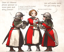 Rule 34 | 3girls, armor, belt, boots, braid, brown hair, english text, full body, gambeson, gauntlets, gloves, helmet, highres, holding, ironlily, kettle helm, medieval, multiple girls, ordo mediare sisters (ironlily), scabbard, sheath, standing, sword, twin braids sister (ironlily), weapon