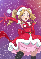 Rule 34 | 1girl, aikatsu!, aikatsu! (series), amikaasan, armpits, back bow, belt, bow, breasts, brown belt, buttons, clenched hand, commentary request, cowboy shot, daichi nono, double-breasted, dress, elbow gloves, forehead, foreshortening, fur-trimmed dress, fur-trimmed gloves, fur trim, gloves, gradient background, hair intakes, hair ornament, hat, highres, impossible clothes, impossible dress, layered dress, long hair, mole, mole under eye, multicolored eyes, open hand, open mouth, orange eyes, pink background, pink eyes, pom pom (clothes), pom pom hair ornament, purple background, purple eyes, reaching, red bow, red gloves, santa costume, santa dress, santa hat, shiny skin, sideboob, skindentation, sleeveless, sleeveless dress, snow, snowing, solo, sparkle, teeth, thighhighs, twintails, upper teeth only, zettai ryouiki