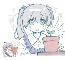 Rule 34 | 1girl, :o, cai (cabbage 0j0), chinese commentary, collared dress, cropped torso, dress, flower pot, frilled dress, frills, grey eyes, grey hair, hands up, highres, hoho ga kawaku made (vocaloid), holding, holding flower pot, iyowa (igusuri please), light blush, long hair, multiple views, plant, potted plant, puffy short sleeves, puffy sleeves, raised eyebrows, reference inset, short sleeves, simple background, sparkle, sprout, twintails, vocaloid, wide-eyed